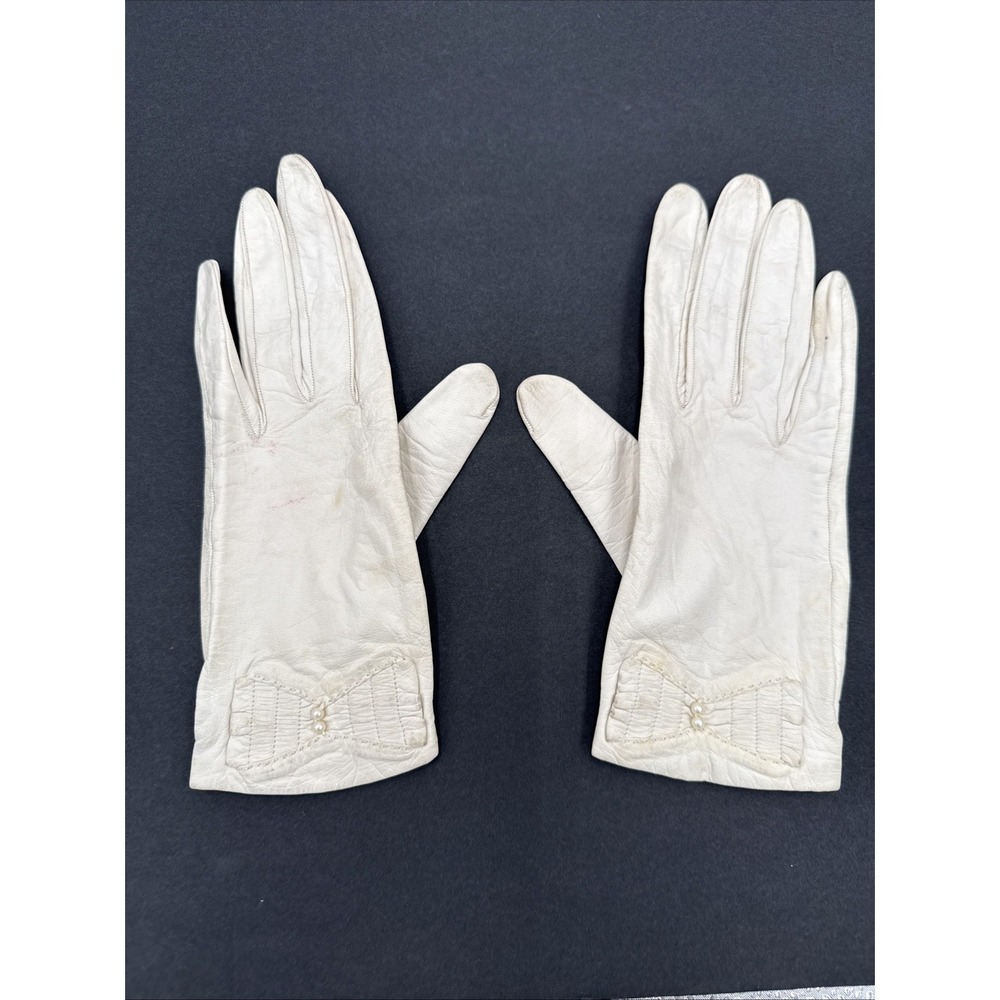 Vtg Lionel Le Grande Kidskin Leather White Wrist W/ Bow Gloves Made In‎ France